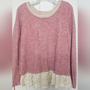 Entro Anthropology Pink Knit Sweater with Lace Hem Size Small